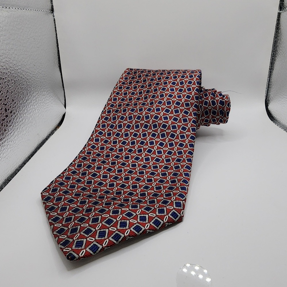 Lauren Ralph Lauren Mens Silk Tie Red Blue Geometric Square Pattern Made in USA